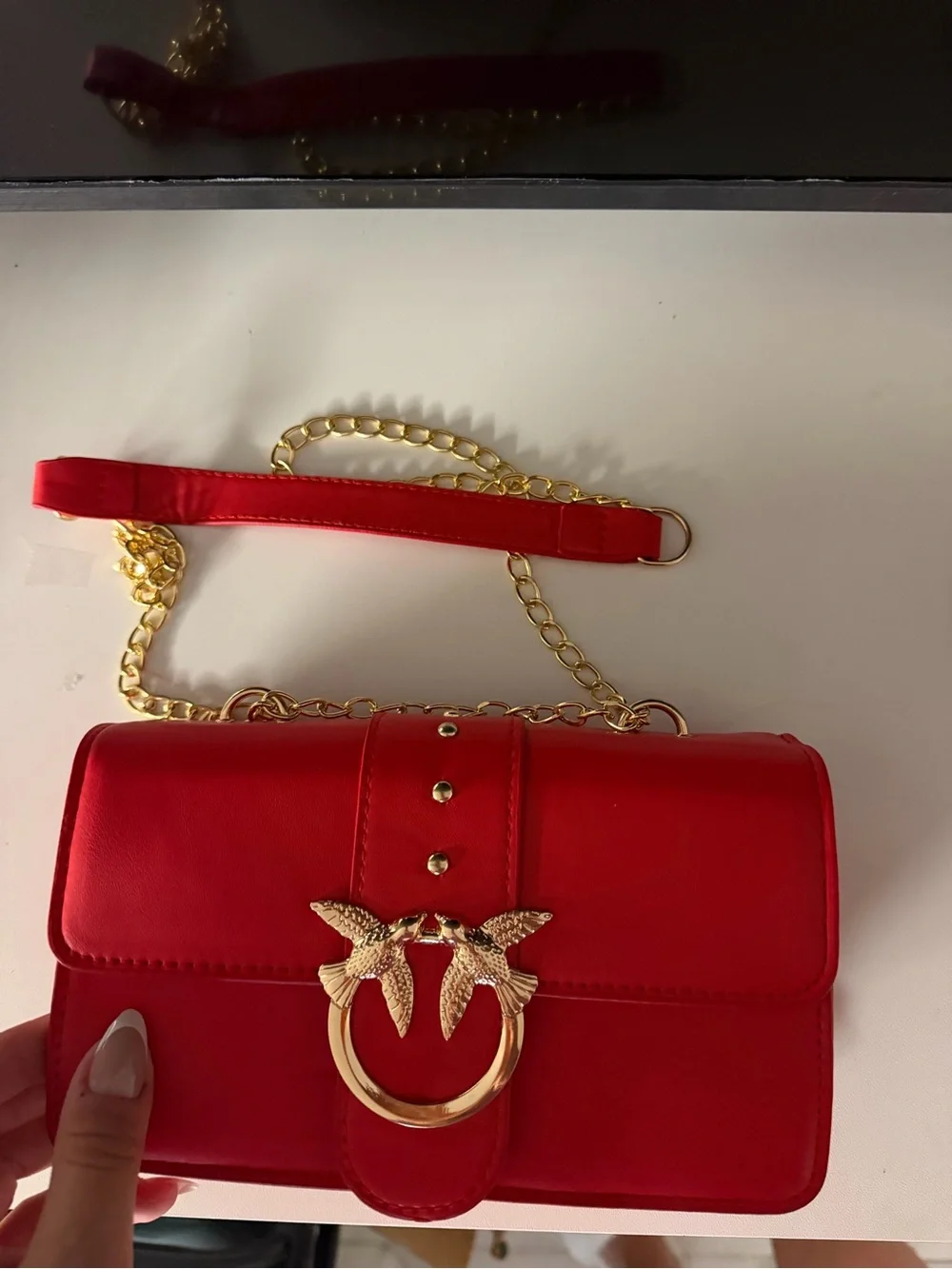 Red Women's Chain Shoulder Bag with Gold Bird Accent